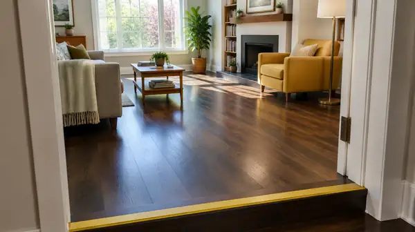 A living room seen from the doorway, with a clear path, an armchair with armrests, no loose rugs and a step edged in a contrasting strip.