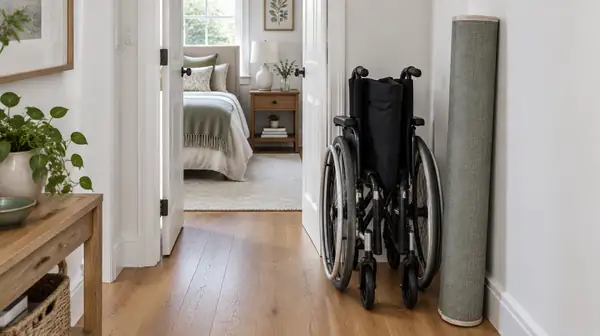 An empty folded wheelchair parked in a home hallway beside the doorway to a bedroom.
