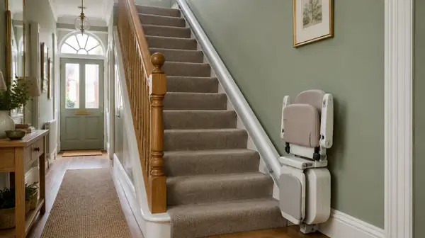 A folded stair lift at the foot of a narrow carpeted staircase in a terraced house hallway.