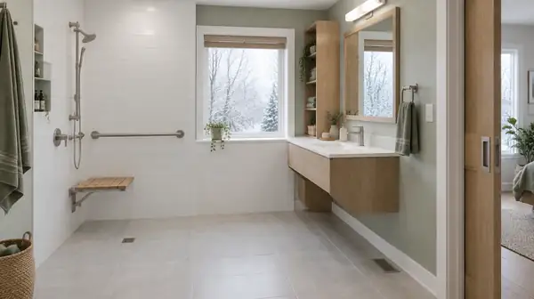 A renovated home bathroom with a curbless shower, a grab bar, a fold-down seat and a wall-hung vanity, with snow outside the window.