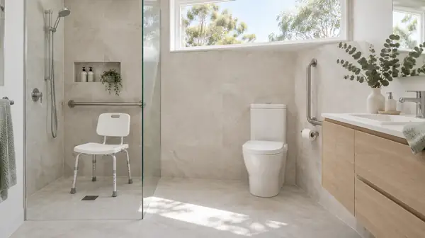 A renovated bathroom with a step-free shower, a shower chair and grab rails by the shower and the toilet.