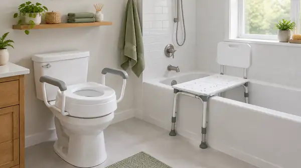 A raised toilet seat with armrests on a toilet and a transfer bench standing in a bathtub.