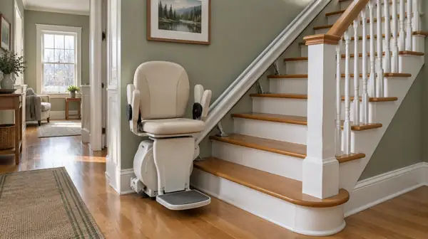 A stair lift chair parked at the bottom of a straight hardwood staircase in a house.