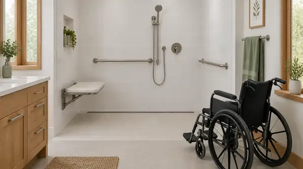 A roll-in shower with a fold-down seat, grab bars and a handheld shower, with an empty wheelchair parked beside it.