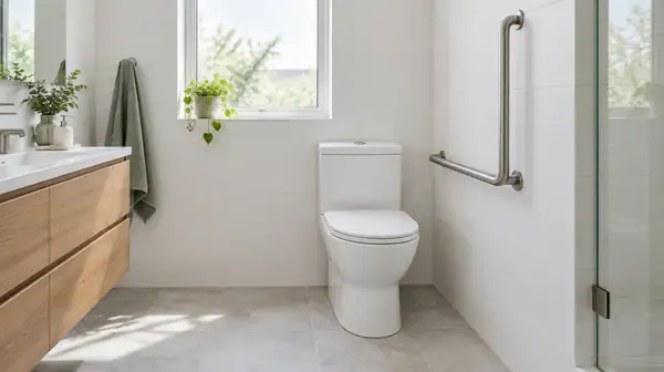 A home bathroom with an L-shaped stainless steel grab bar on the wall beside a toilet.