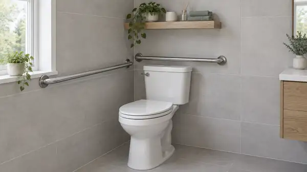 A toilet in the corner of a home bathroom with a long horizontal grab bar on the side wall and another above the tank on the back wall.