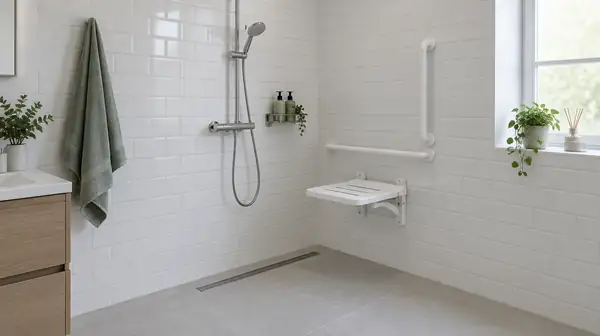 A home wet room with a level access shower, a linear drain, a fold-down shower seat and grab rails.