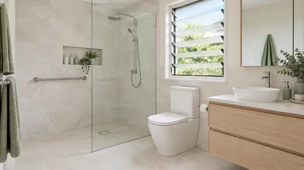 A home bathroom with a step-free walk-in shower behind a glass panel, a grab rail on the shower wall and a louvre window.