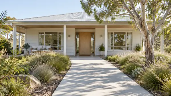 A wide step-free concrete path leading to the level entrance of a weatherboard house with a verandah and a eucalyptus tree.