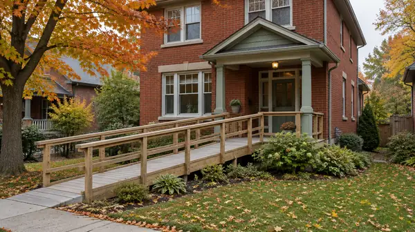 A wooden ramp with handrails running along the front of a red-brick house to its porch in autumn.