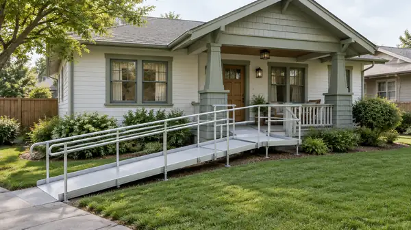 A modular aluminium ramp with handrails and a switchback leading to the porch of a craftsman bungalow.