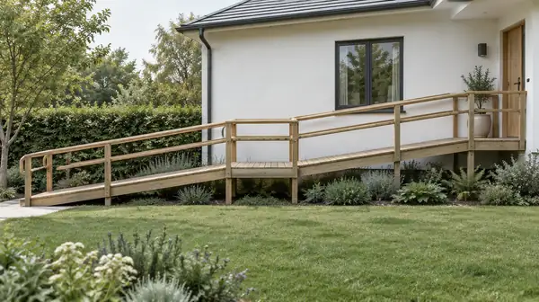 Side view of a long timber ramp with handrails, an intermediate landing and a landing at the door of a house.