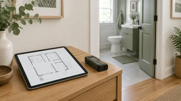A tablet showing a simple floor plan beside a laser distance measurer on a hallway table, with a bathroom doorway behind.