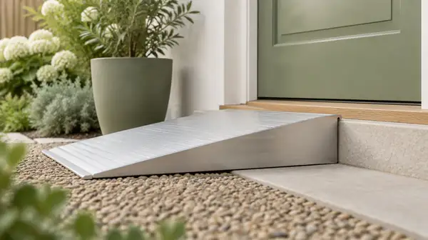Low side view of a short aluminium threshold ramp rising to the raised doorstep of a front door.