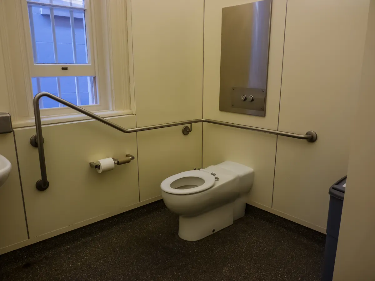 An accessible toilet in a public building in Brisbane with an angled grab rail beside the pan and a horizontal rail along the back wall.