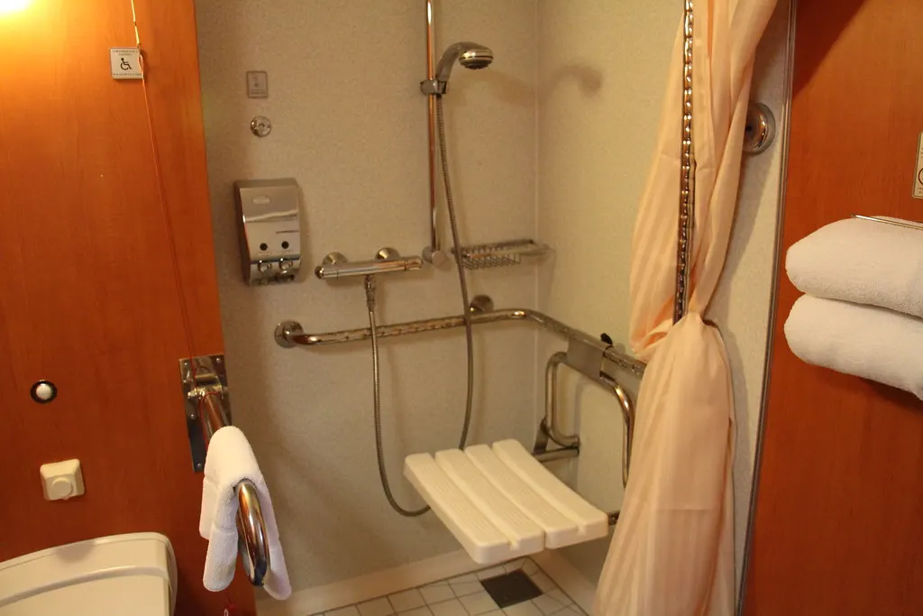 A curbless shower with a fold-down slatted seat, an L-shaped grab bar, a hand-held shower on a slide bar and a curtain.