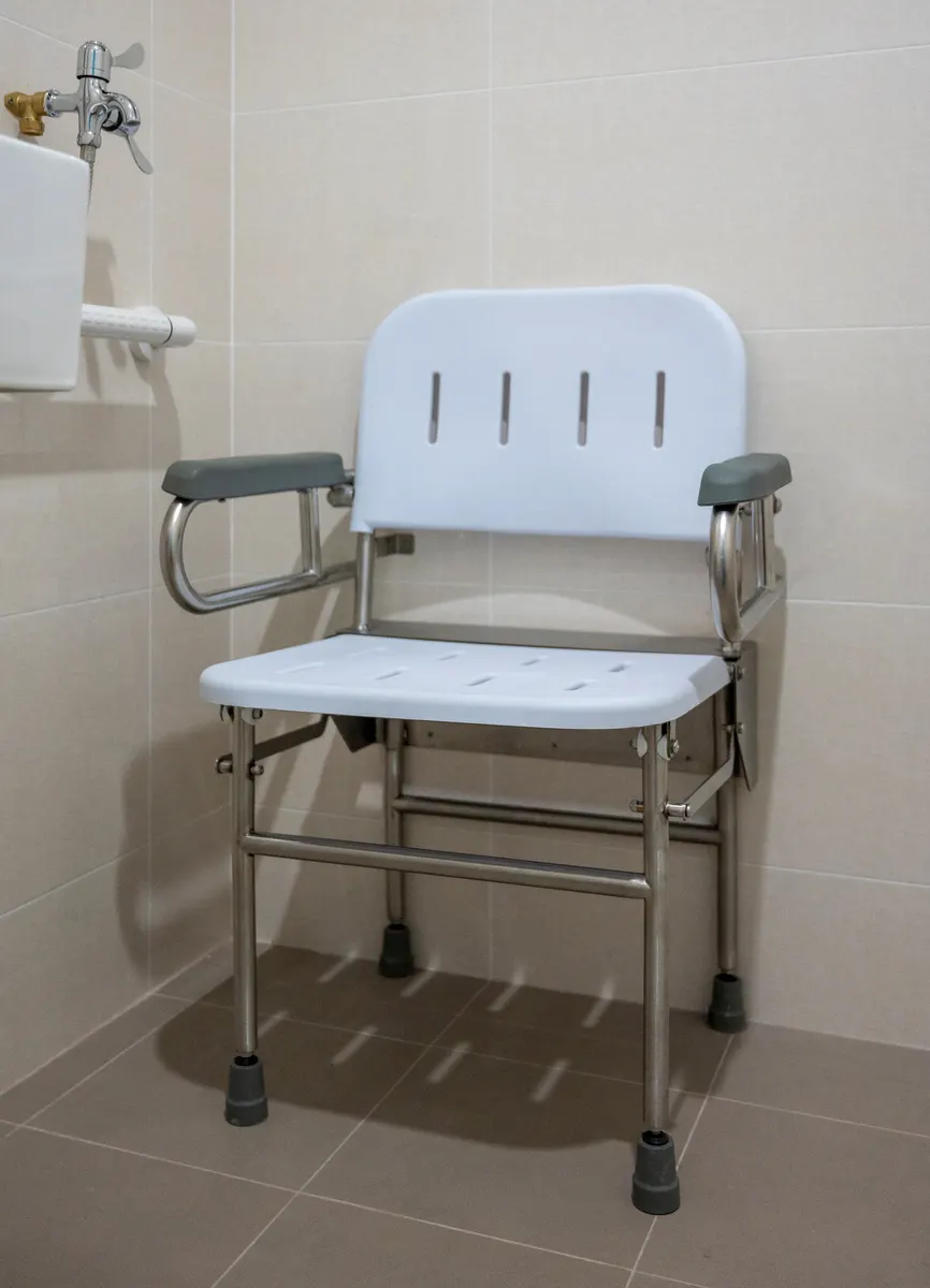 A folding shower seat with a slotted back and padded armrests mounted on a tiled bathroom wall.